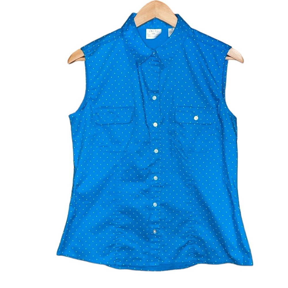 •LEE•RIDERS BLUE & WHITE POLKA DOT TAILORED SLEEVELESS BLOUSE SIZE MEDIUM